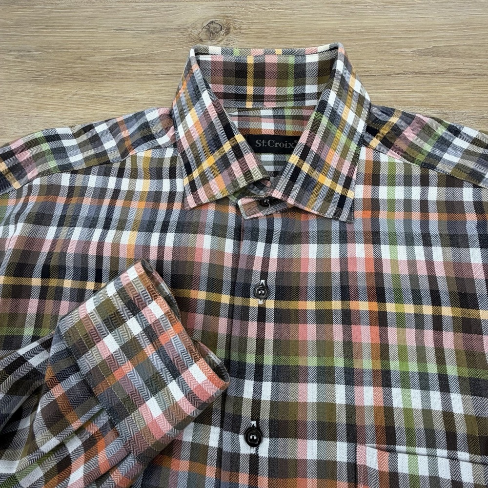 St. Croix Shirt Mens Medium Plaid Long Sleeve Button Casual Made In Italy